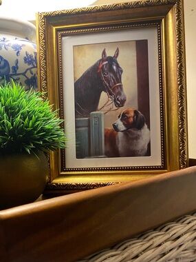 Framed Vintage Horse & Dog Art Print Friends Bay Horse St Bernard 9x7 Gold Frame